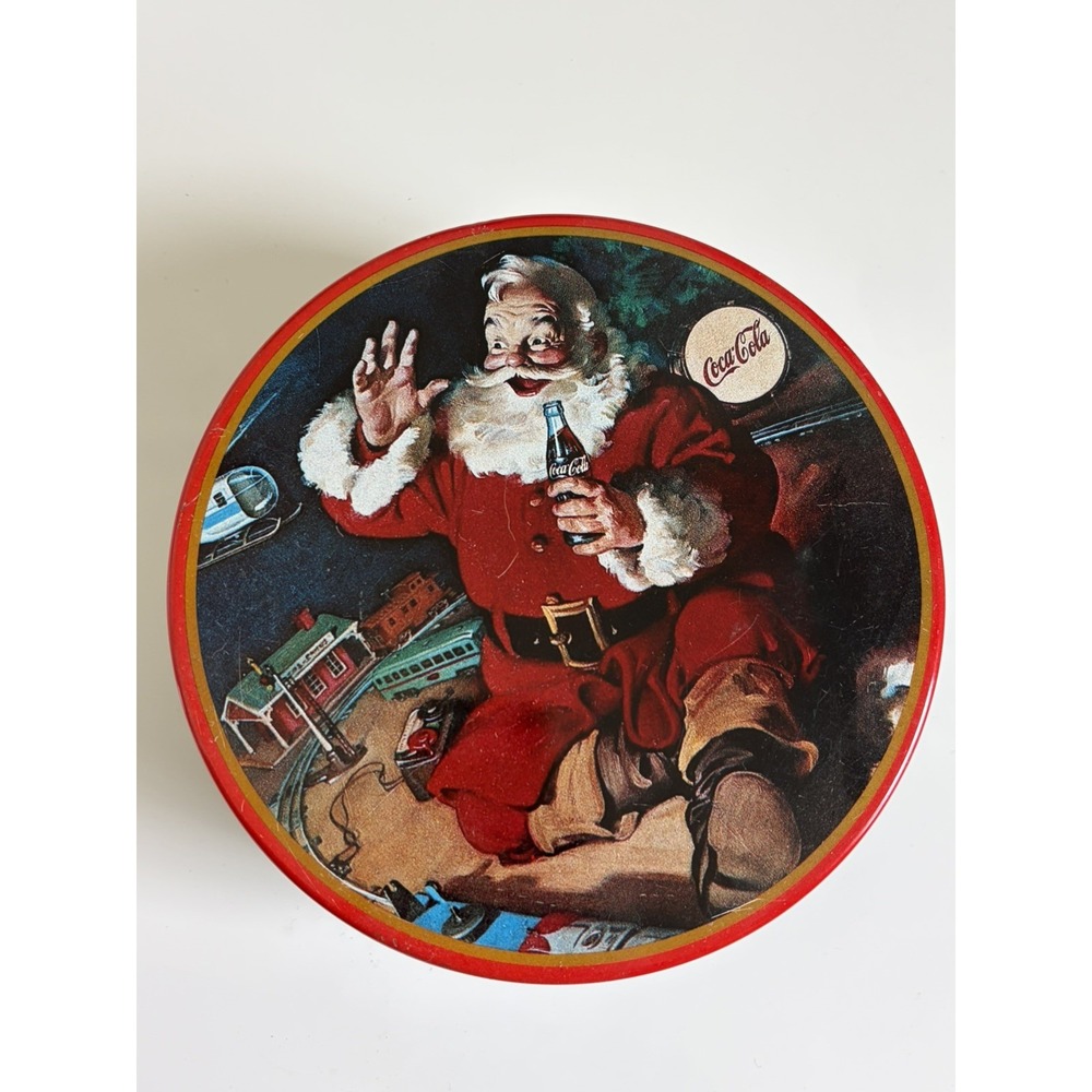 Coca Cola Round Tin Container Santa Claus Christmas Coke 80s VTG Advertisement